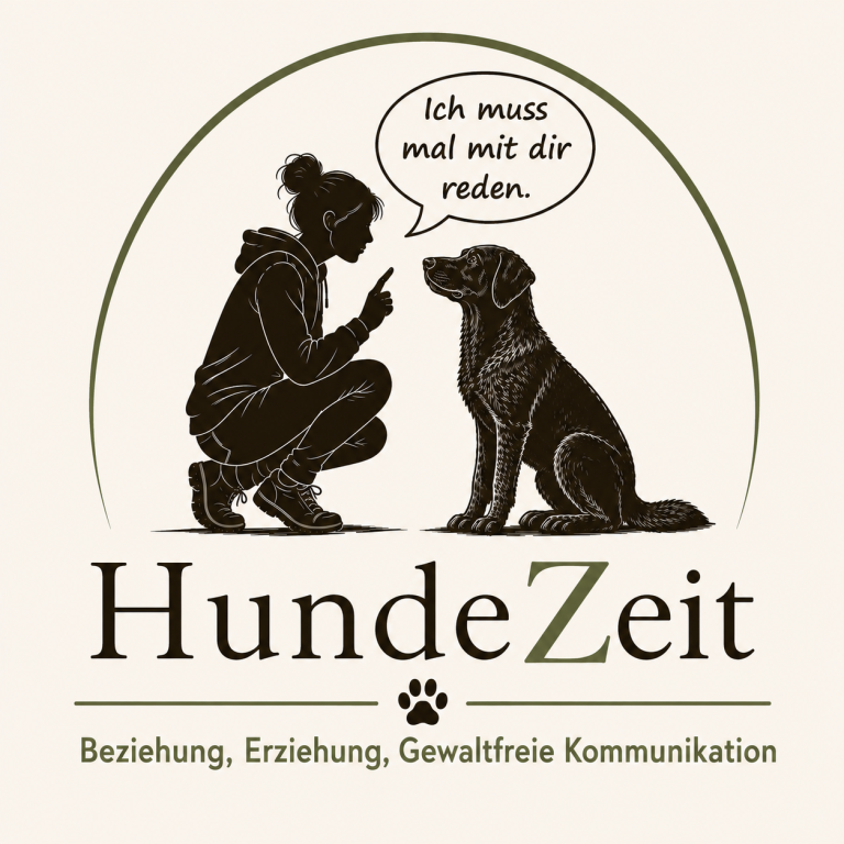 HundeZeit-Hundeschule Eine Person spricht mit einem sitzenden Hund. Text: "HundeZeit - Beziehung, Erziehung, Gewaltfreie Kommunikation."